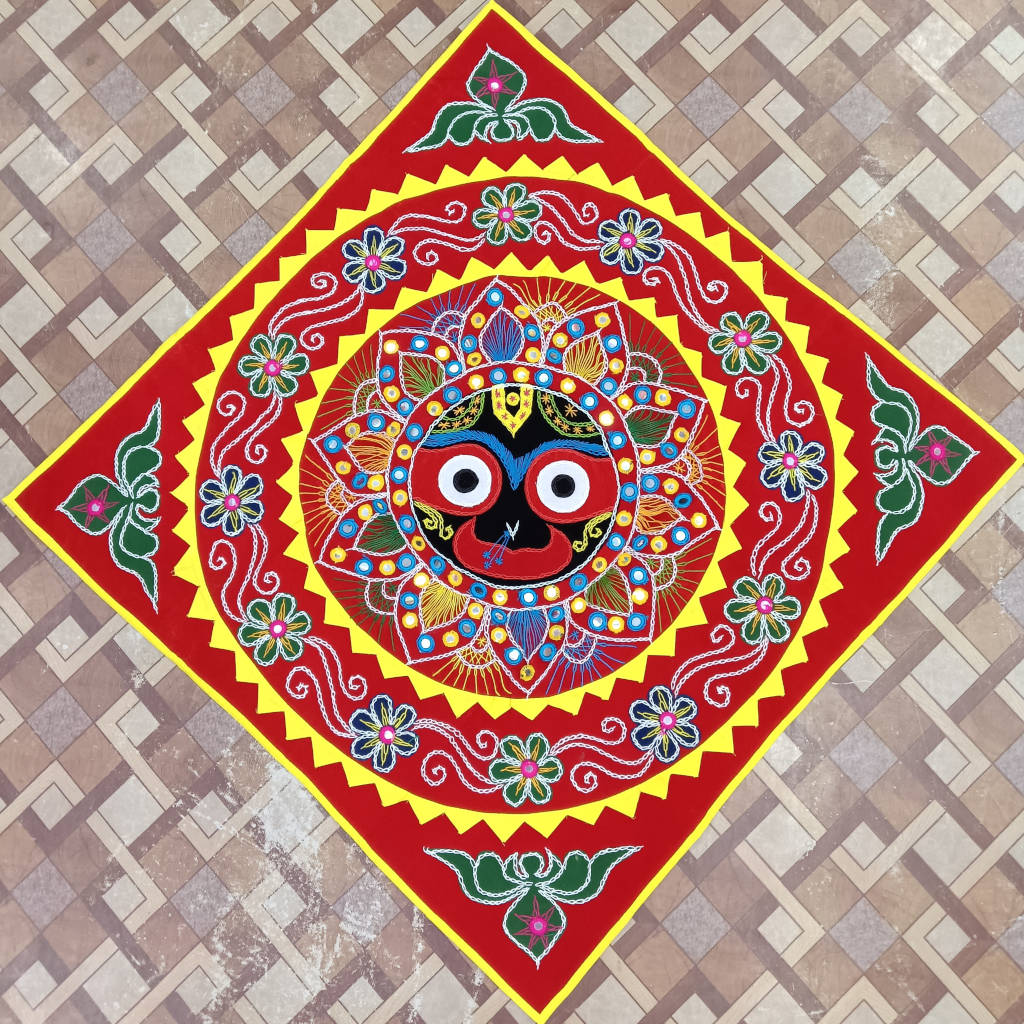 2.5 × 2.5 ft Handcrafted Pipili Appliqué Velvet Jagannath Wall Hanging – Red Colour