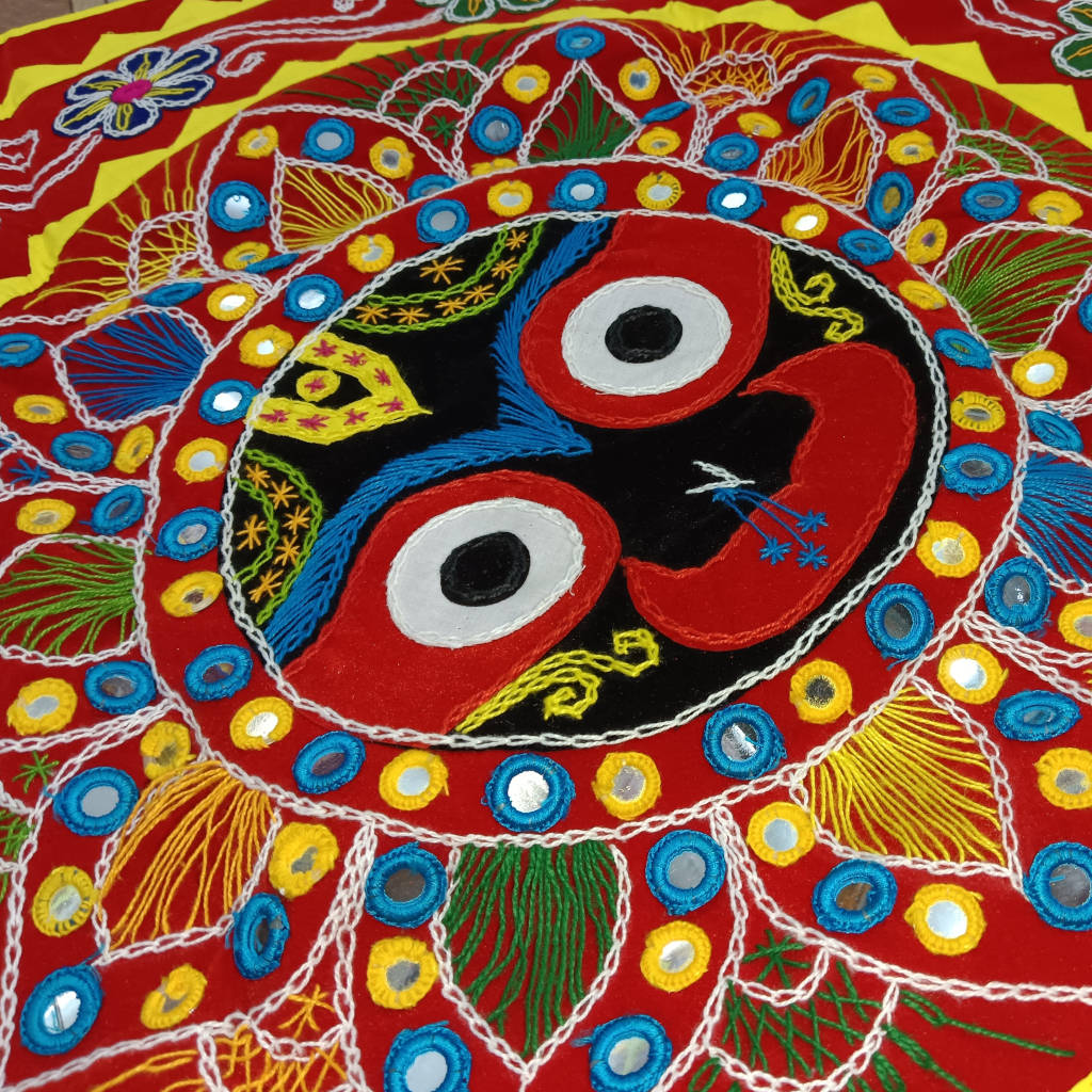 2.5 × 2.5 ft Handcrafted Pipili Appliqué Velvet Jagannath Wall Hanging – Red Colour