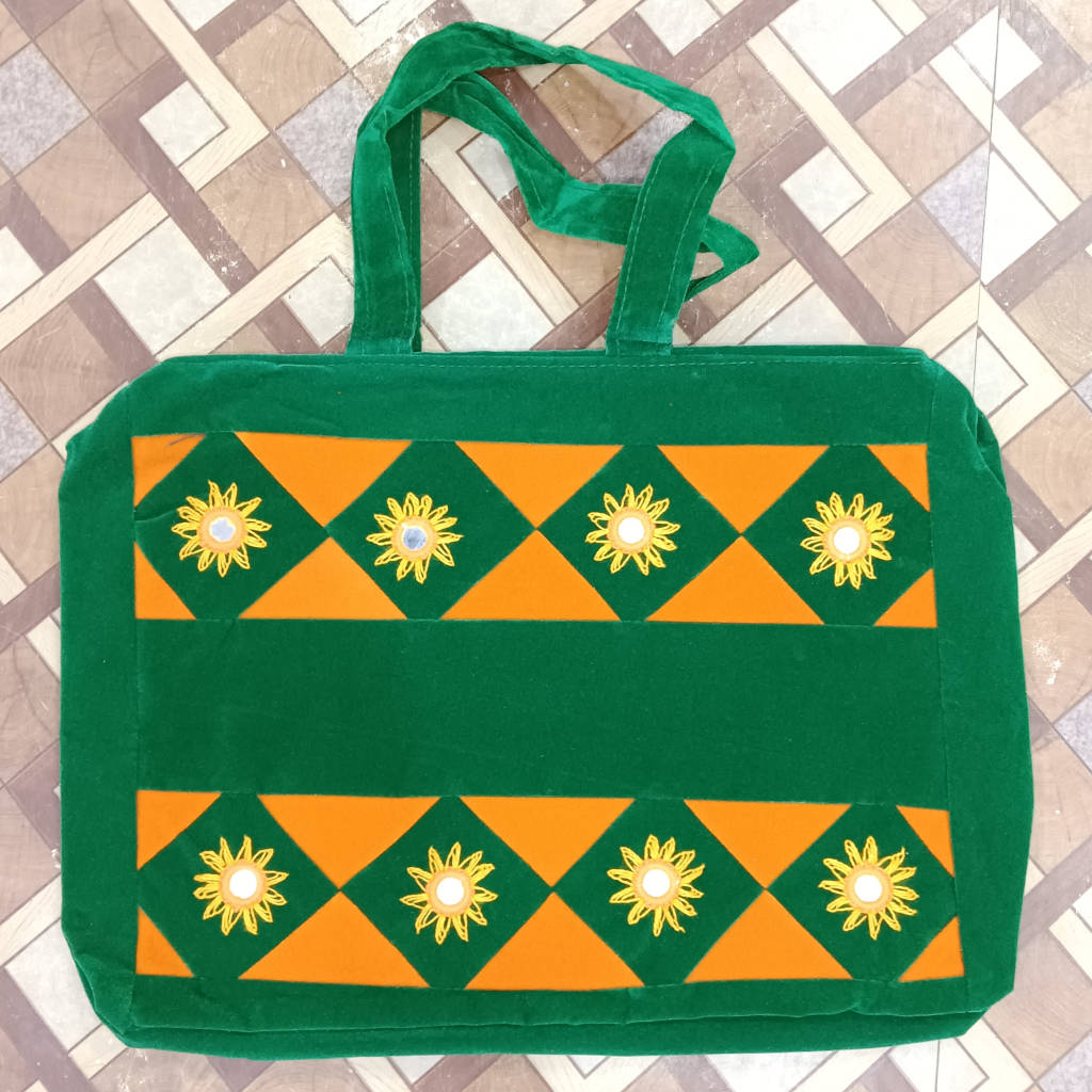 16 × 12 inch Velvet Pipili Mudia Design Bag - Green Orange