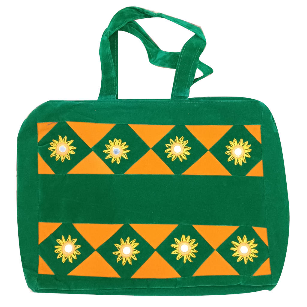 16 × 12 inch Velvet Pipili Mudia Design Bag - Green Orange