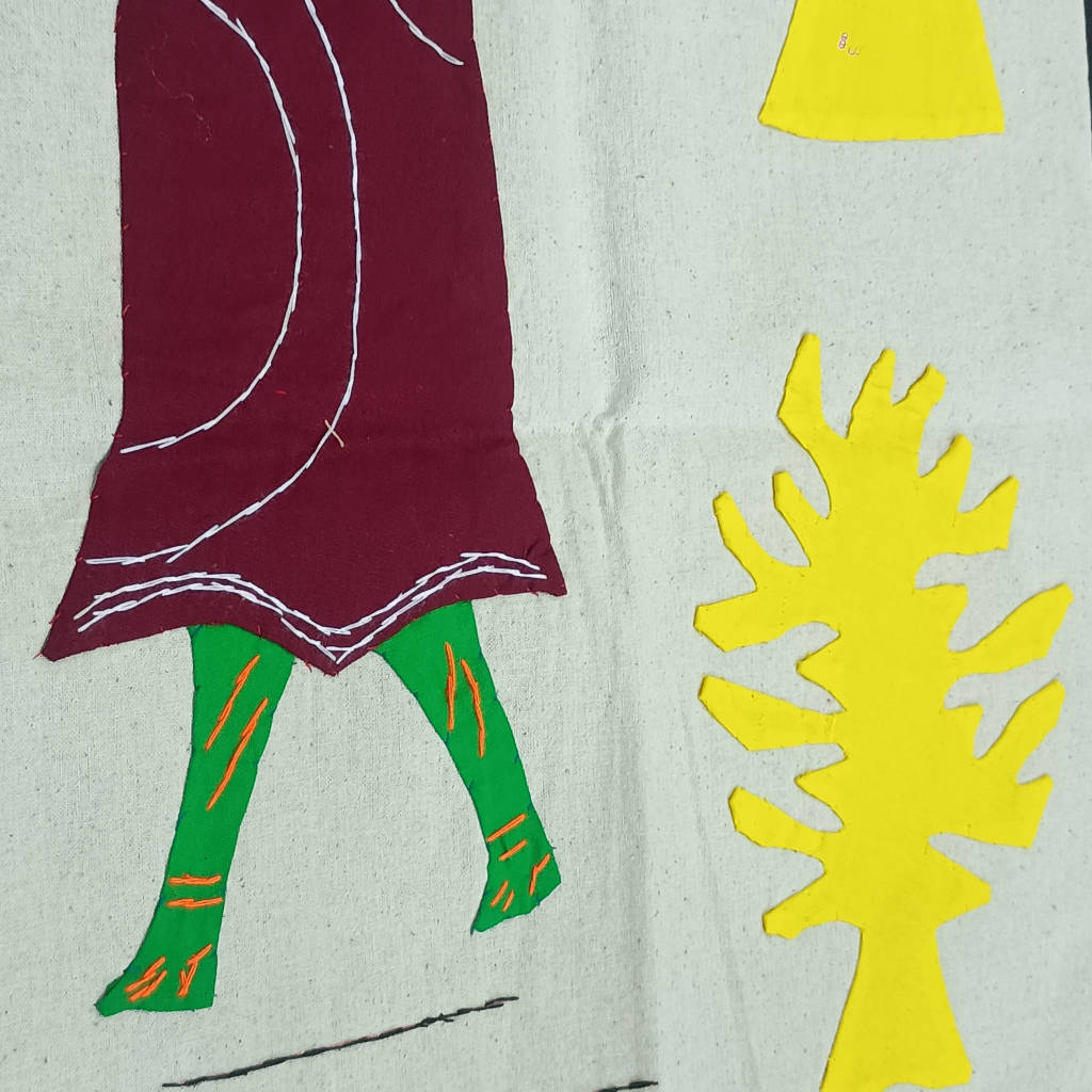 35 × 15 inch Modern Patchwork Cotton - Vertical - one tribal women carrying water pots - Yellow Black