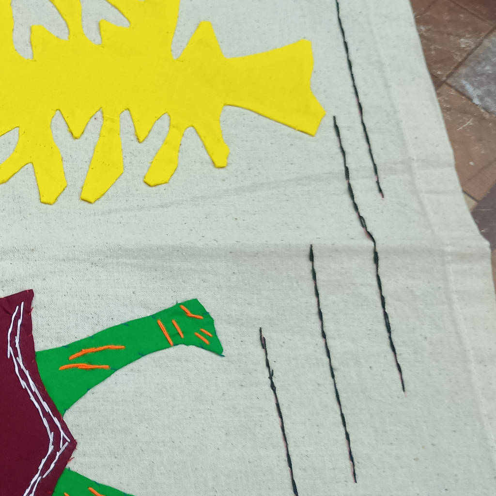 35 × 15 inch Modern Patchwork Cotton - Vertical - one tribal women carrying water pots - Yellow Black