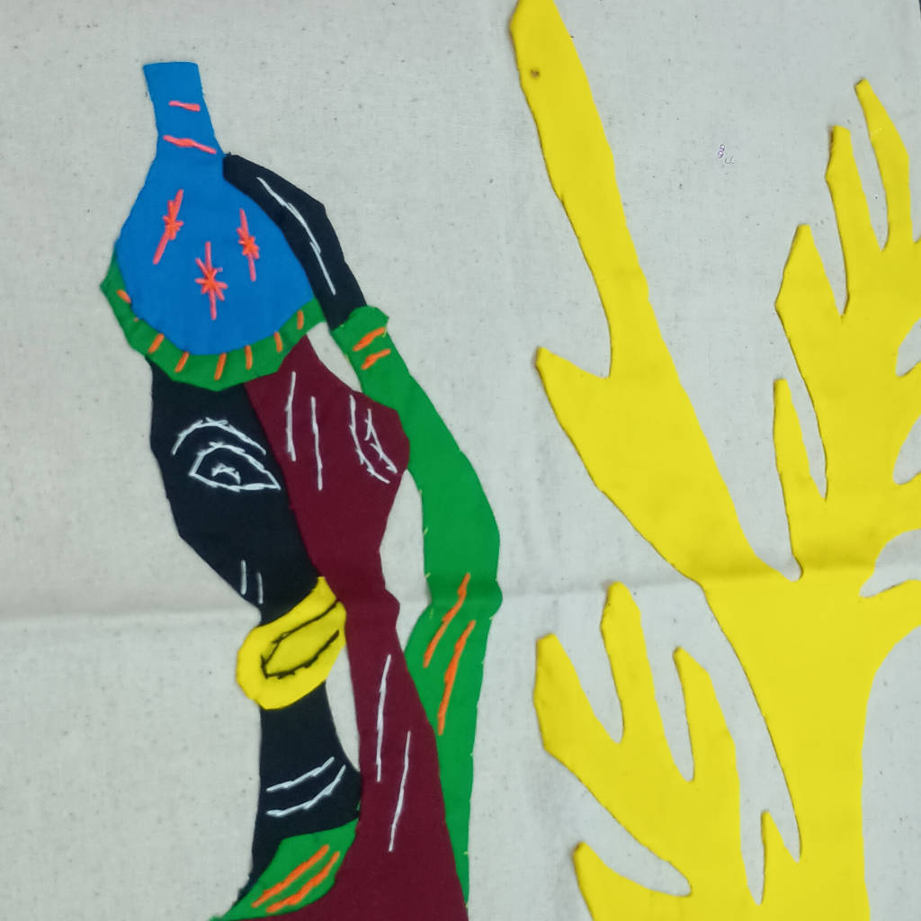 35 × 15 inch Modern Patchwork Cotton - Vertical - one tribal women carrying water pots - Yellow Black
