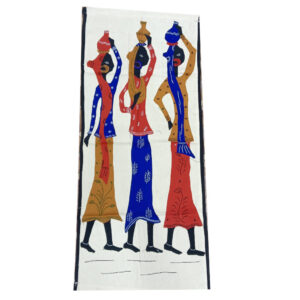35 × 15 inch Modern Patchwork Cotton - Vertical - three tribal women carrying water pots - Blue Red Green