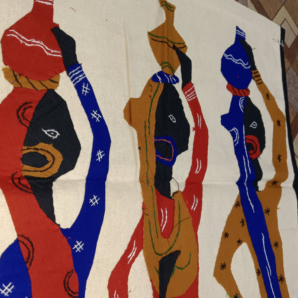 35 × 15 inch Modern Patchwork Cotton - Vertical - three tribal women carrying water pots - Blue Red Green