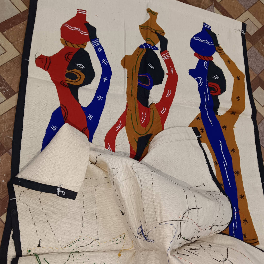 35 × 15 inch Modern Patchwork Cotton - Vertical - three tribal women carrying water pots - Blue Red Green