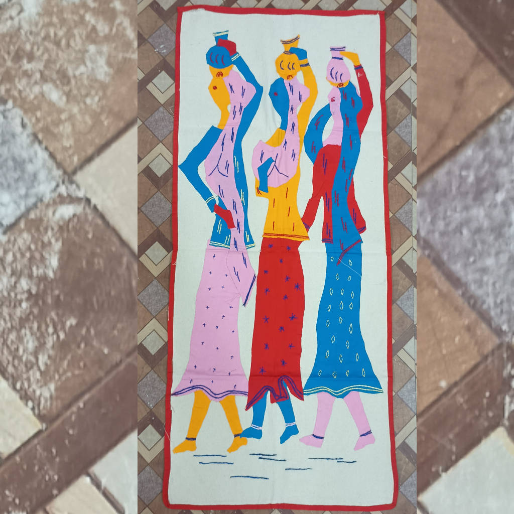 35 × 15 inch Modern Patchwork Cotton - Vertical - three tribal women carrying water pots - Blue Red Yellow