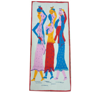 35 × 15 inch Modern Patchwork Cotton - Vertical - three tribal women carrying water pots - Blue Red Yellow