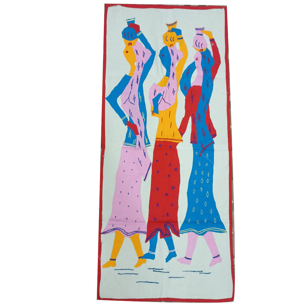 35 × 15 inch Modern Patchwork Cotton - Vertical - three tribal women carrying water pots - Blue Red Yellow