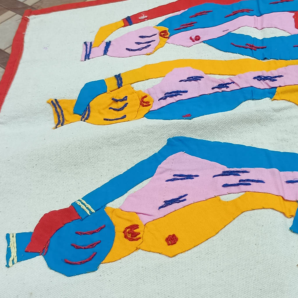35 × 15 inch Modern Patchwork Cotton - Vertical - three tribal women carrying water pots - Blue Red Yellow