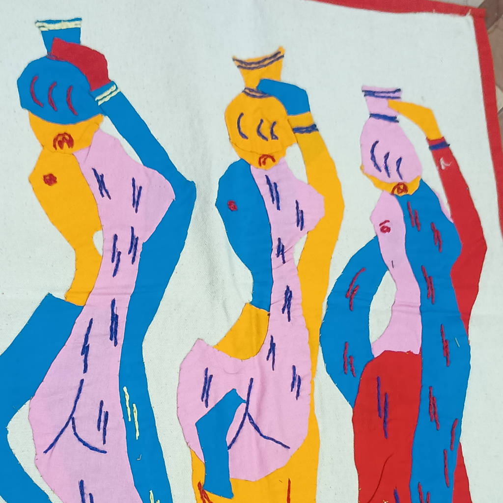 35 × 15 inch Modern Patchwork Cotton - Vertical - three tribal women carrying water pots - Blue Red Yellow