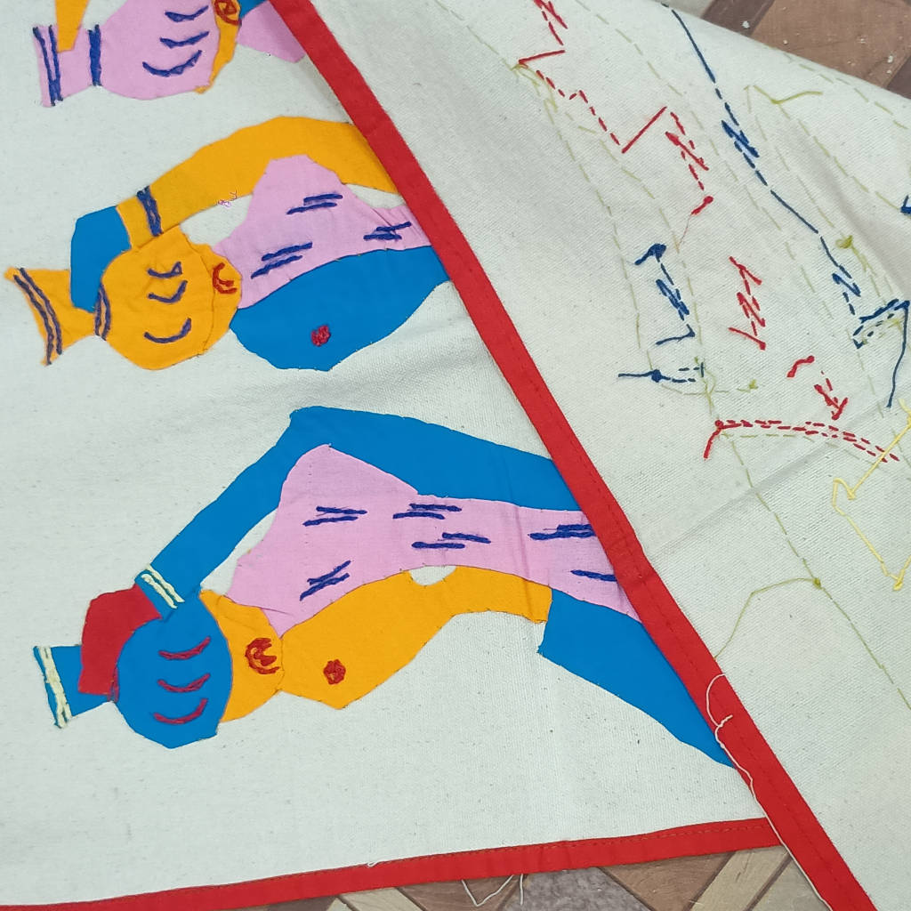35 × 15 inch Modern Patchwork Cotton - Vertical - three tribal women carrying water pots - Blue Red Yellow