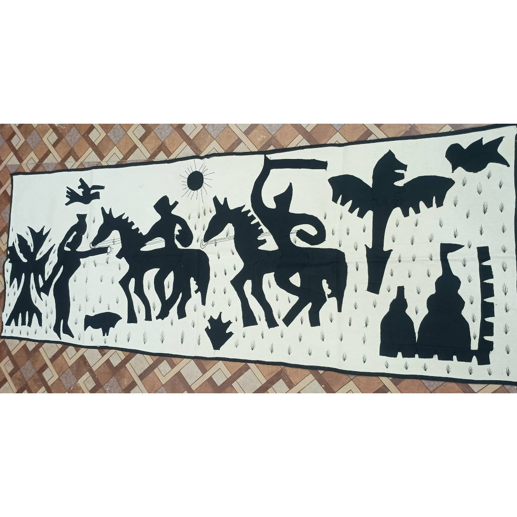 54 × 20 inch Pipili Applique Modern Patchwork Cotton - Horizontal - festive ritual procession design - black