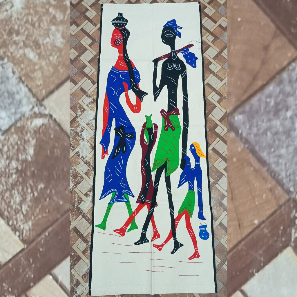 54 × 20 inch Pipili Applique Modern Patchwork Cotton - Vertical - Tribal Family Themed Applique Design - Black Blue theme