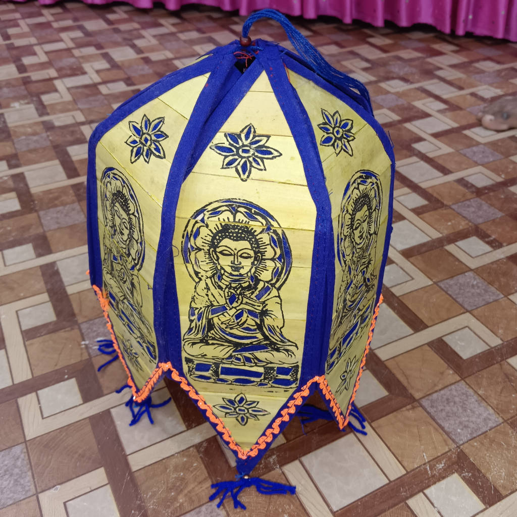 12 inch Palm Leaf Lamp - 6 Fold, 3.5 inch Each Fold Buddha Design - Blue