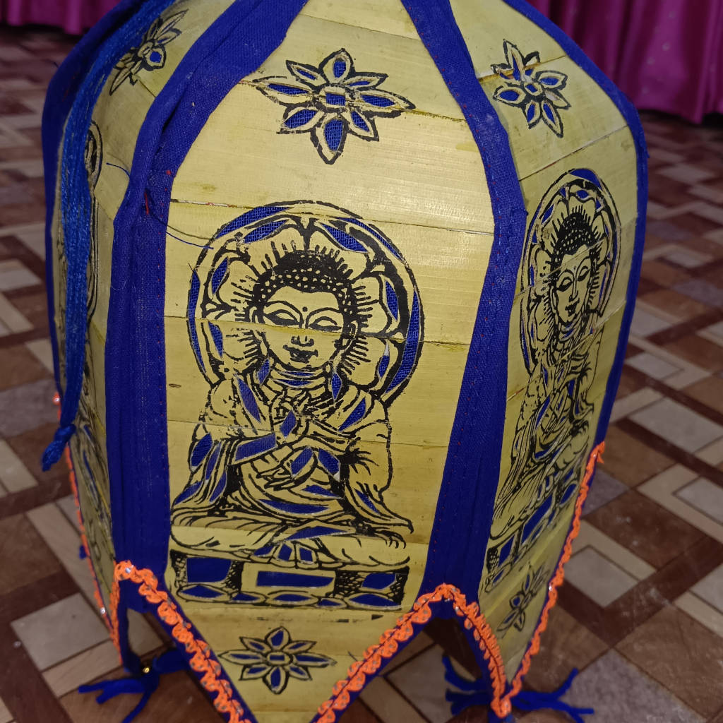 12 inch Palm Leaf Lamp - 6 Fold, 3.5 inch Each Fold Buddha Design - Blue