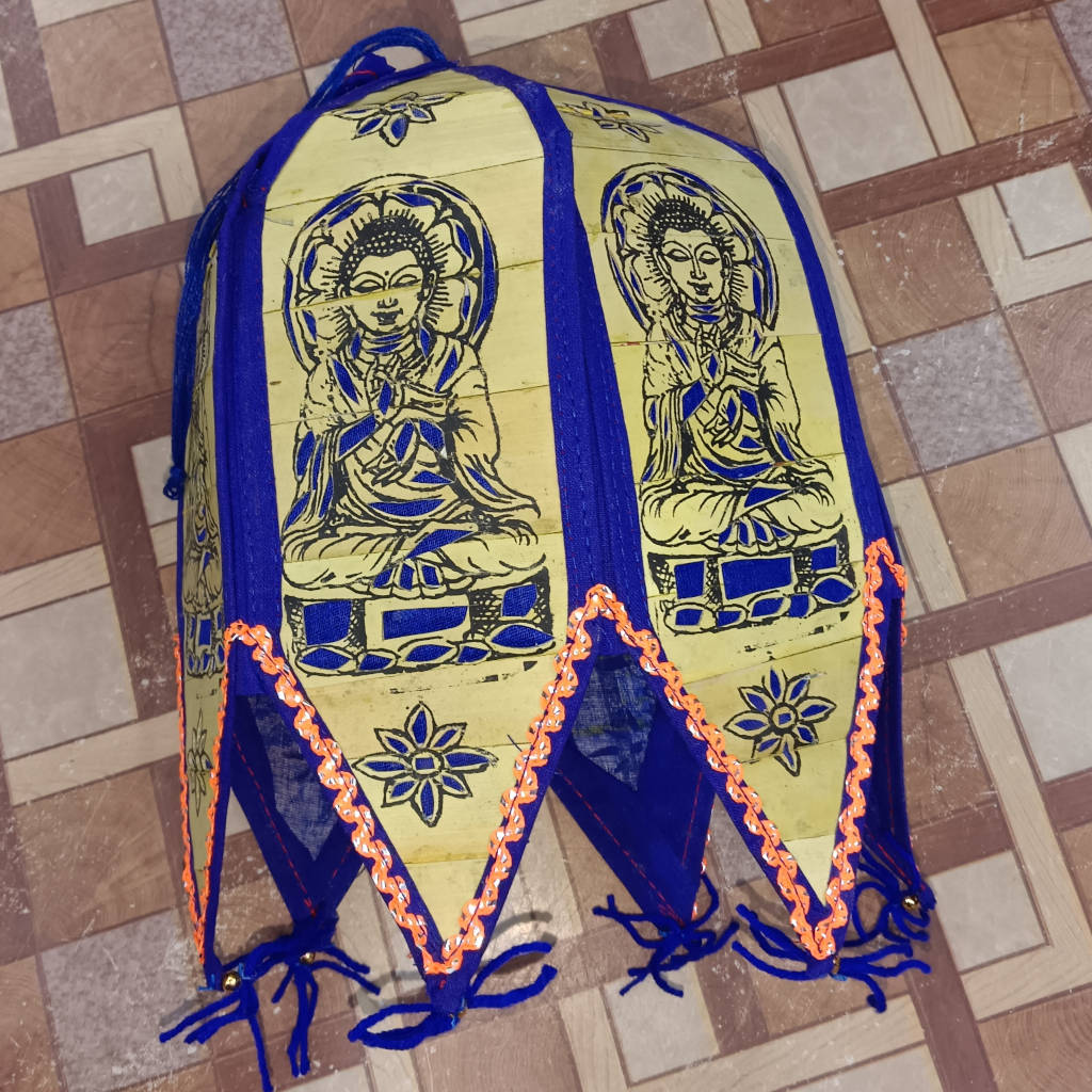 12 inch Palm Leaf Lamp - 6 Fold, 3.5 inch Each Fold Buddha Design - Blue