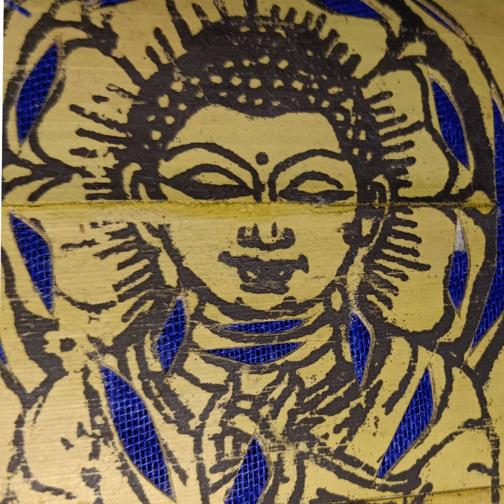 12 inch Palm Leaf Lamp - 6 Fold, 3.5 inch Each Fold Buddha Design - Blue