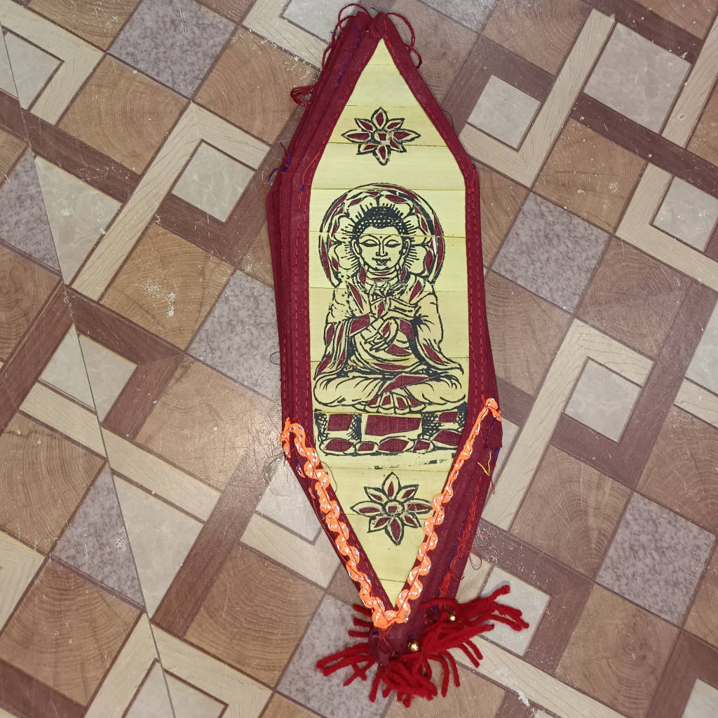 12 inch Palm Leaf Lamp - 6 Fold, 3.5 inch Each Fold Buddha Design - Maroon