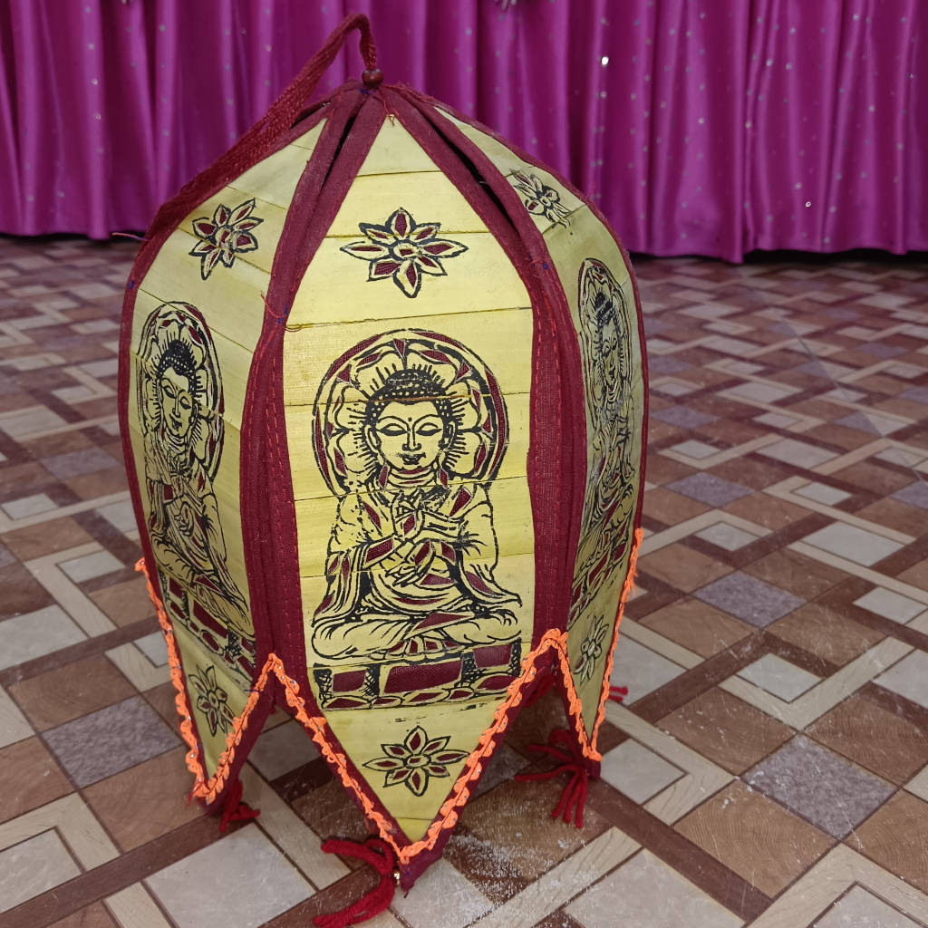 12 inch Palm Leaf Lamp - 6 Fold, 3.5 inch Each Fold Buddha Design - Maroon