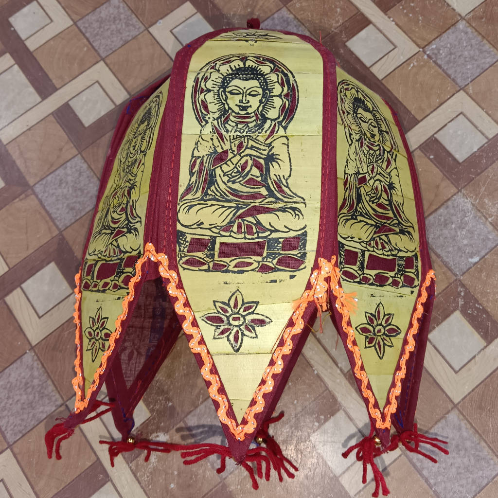 12 inch Palm Leaf Lamp - 6 Fold, 3.5 inch Each Fold Buddha Design - Maroon