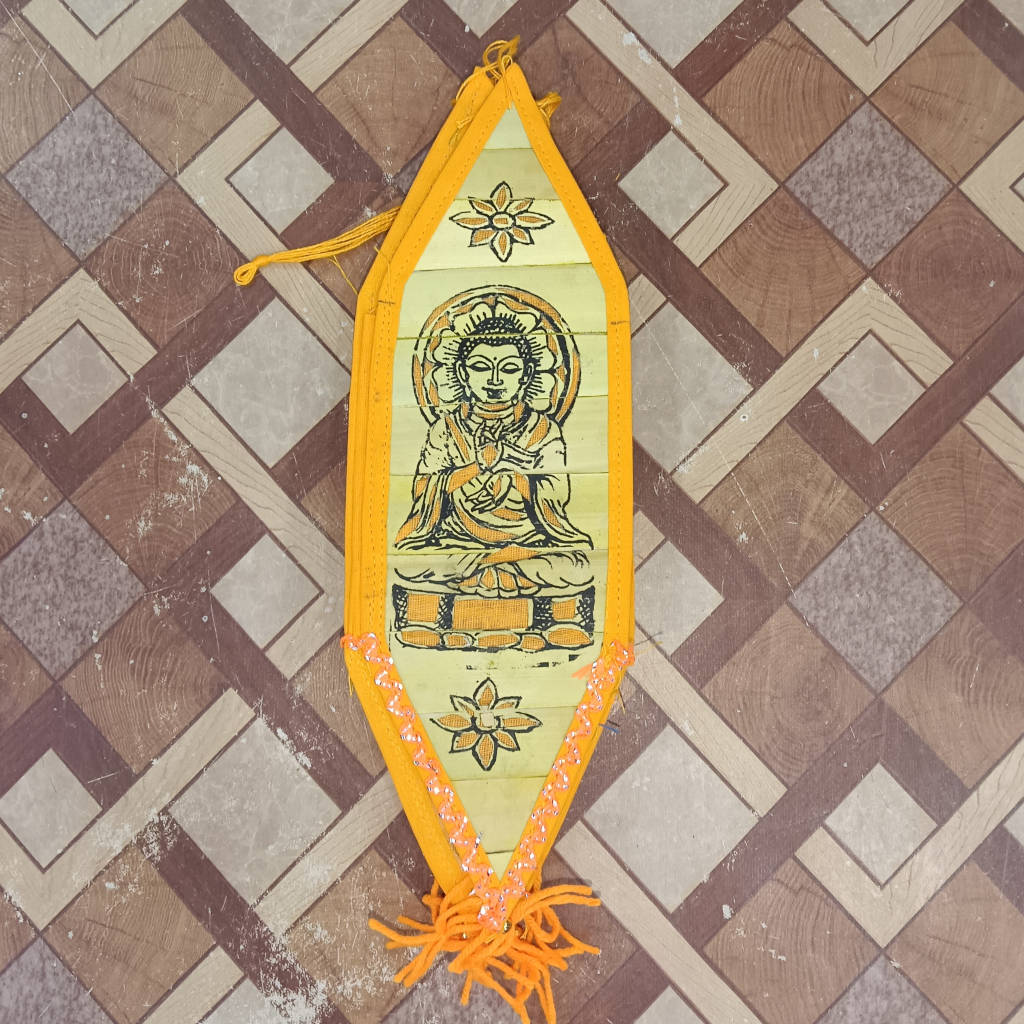 12 inch Palm Leaf Lamp - 6 Fold, 3.5 inch Each Fold Buddha Design - Orange