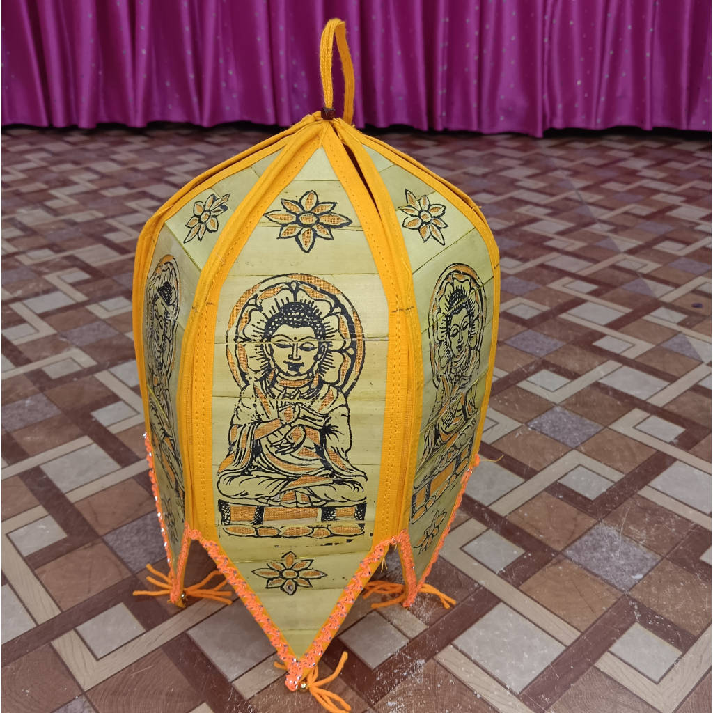 12 inch Palm Leaf Lamp - 6 Fold, 3.5 inch Each Fold Buddha Design - Orange