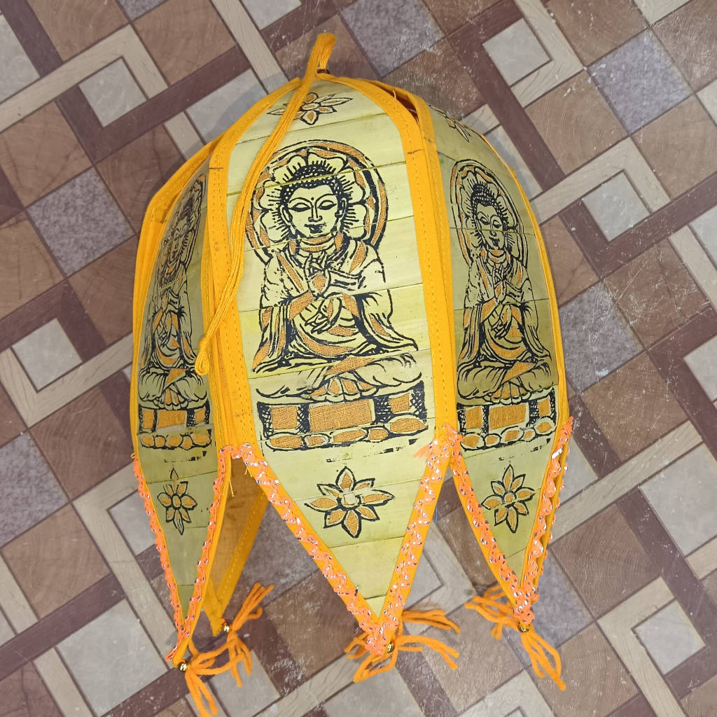 12 inch Palm Leaf Lamp - 6 Fold, 3.5 inch Each Fold Buddha Design - Orange