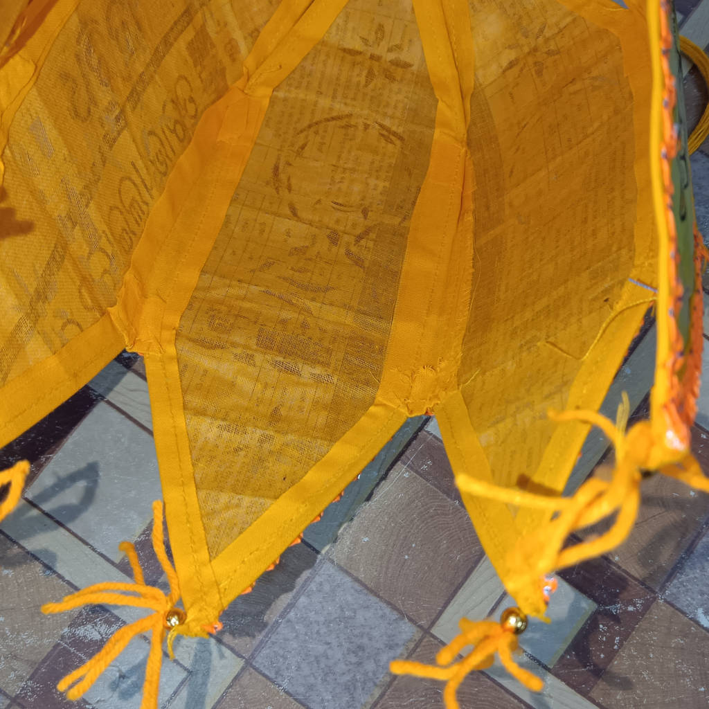 12 inch Palm Leaf Lamp - 6 Fold, 3.5 inch Each Fold Buddha Design - Orange