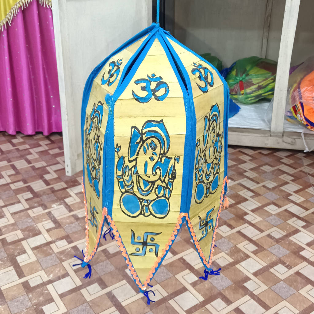 17 inch Palm Leaf Lamp Lord Ganesh Design - 6 Fold, 5 inch Each Fold - Blue - Image 2