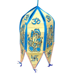 17 inch Palm Leaf Lamp Lord Ganesh Design - 6 Fold, 5 inch Each Fold - Blue