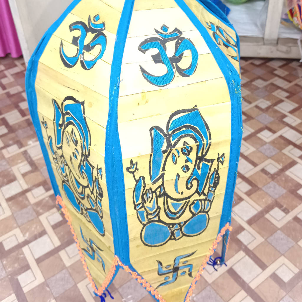 17 inch Palm Leaf Lamp Lord Ganesh Design - 6 Fold, 5 inch Each Fold - Blue - Image 3