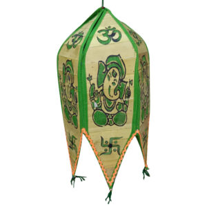 17 inch Palm Leaf Lamp Lord Ganesh Design - 6 Fold, 5 inch Each Fold - Green