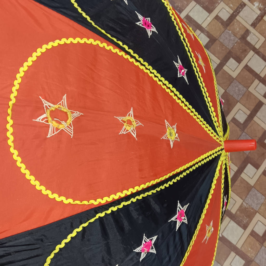 Pipili Applique Cotton Waterproof Umbrella - Black and Red