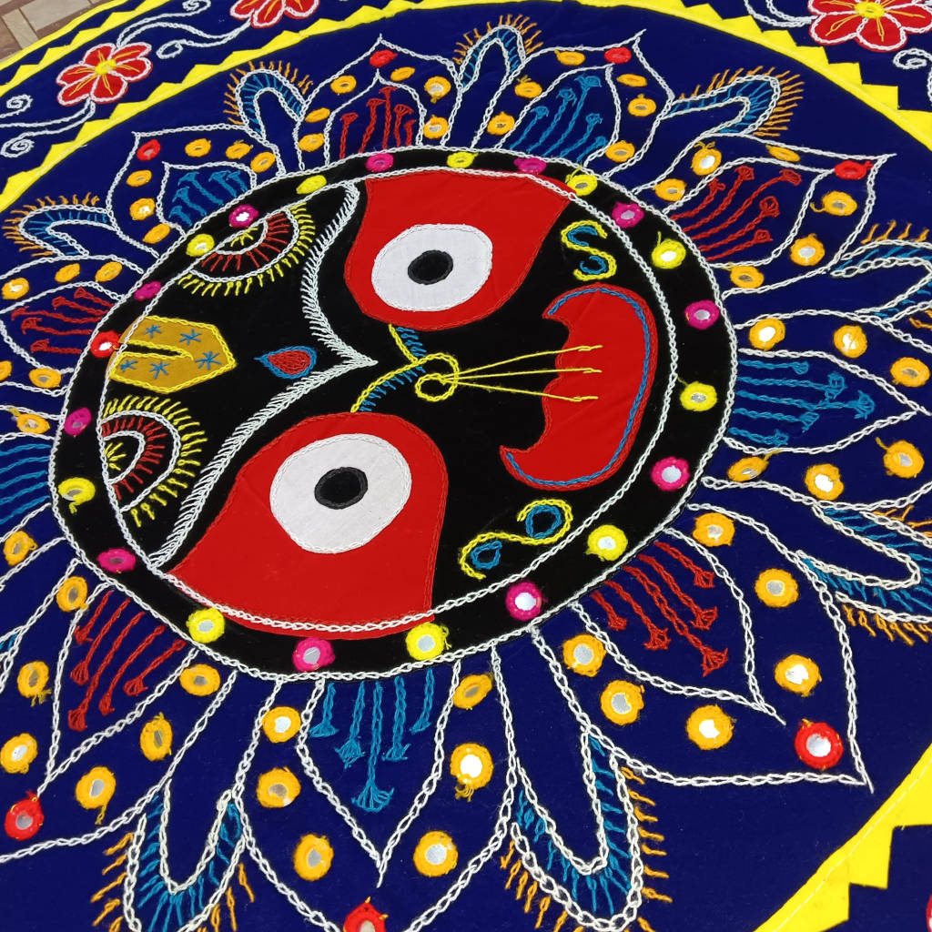 3 × 3 ft Handcrafted Velvet Jagannath - BlueRed