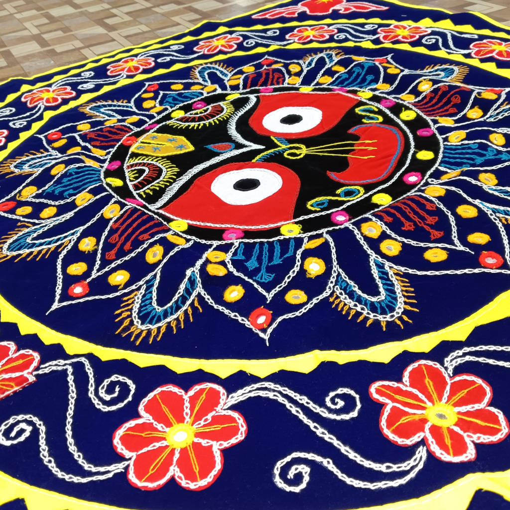 3 × 3 ft Handcrafted Velvet Jagannath - BlueRed
